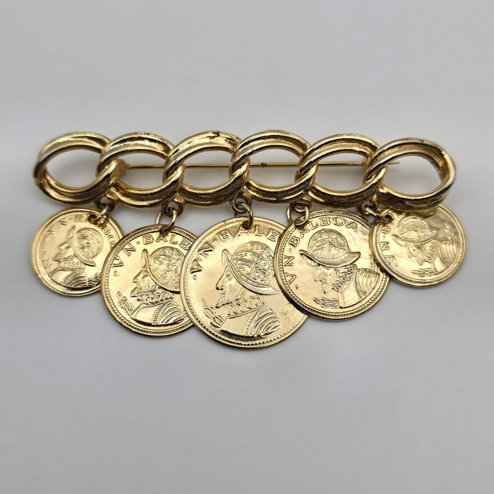Vtg Gold Tone Coin Bar Brooch Balboa Replica Charm Statement Pin Dangle Festival